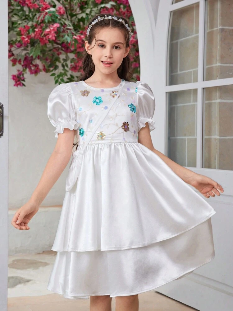 Tween Girl Summer Elegant Sequin Decorated Puff Sleeve Dress