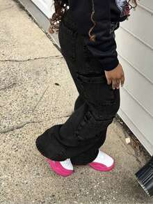 Quần jean ống rộng nhiều túi phong cách đường phố Y2K dành cho nữ có túi nắp - màu đen - Xem 4