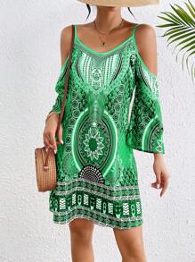 Breezaya Vestido casual de diario con hombros descubiertos y estampado aleatorio, atuendo de playa para vacaciones - Verde - Ver 5