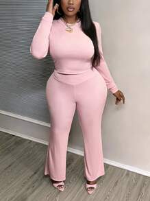 Slaydiva Lässiges Slim-Fit Set in unifarbener Lotus-Rosa Farbe für Große Größen, bestehend aus Rundhals Langarm-Top und hochgezogener Taille Lange Hose, für Herbst/Winter