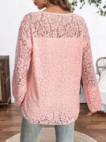 SHEIN LUNE 女士純色休閒日常襯衫，隨機花卉圖案 - 粉色 - 查看 2