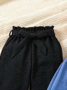 SHEIN Vintaside Kids 年輕女孩實色花苞腰寬鬆休閒寬腿長褲 - 彩色 - 查看 4
