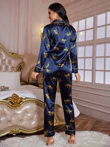 LuxeNights Leopard Print Contrast Piping Satin PJ Set / Pajama Set, Fall Clothes Cozy And Elegant Details, Winter - Navy Blue - View 2
