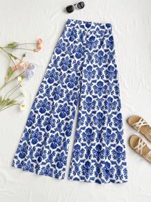 Soleia Pantalon large imprimé floral bleu et blanc pour les vacances des femmes - Bleu et Blanc - Voir 1