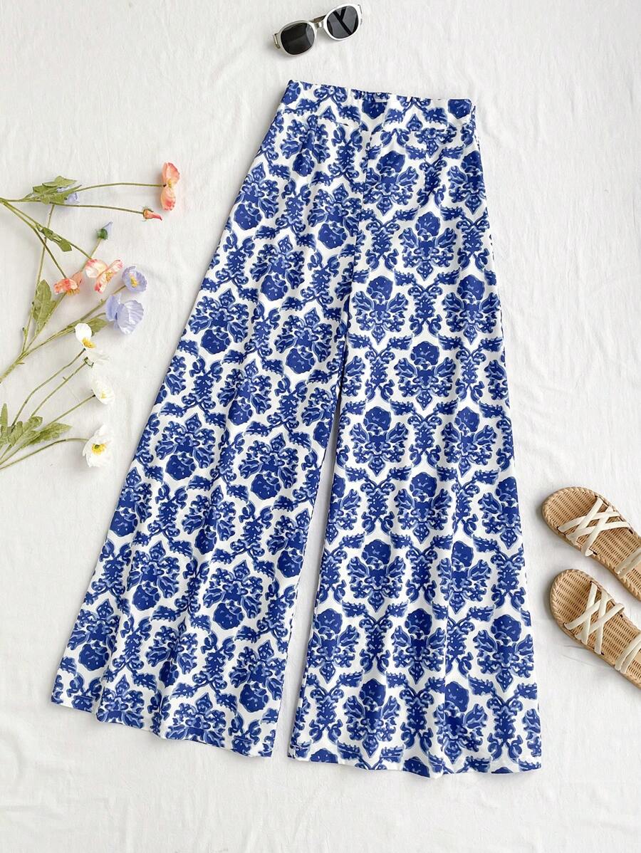 Soleia Pantalon large imprimé floral bleu et blanc pour les vacances des femmes - Bleu et Blanc - Voir 1