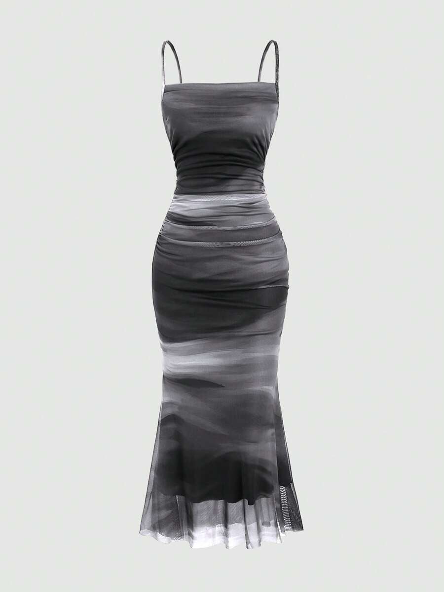 Sweetra Đầm Maxi In Họa Tiết Đơn Giản Mặc Hàng Ngày Cho Nữ (Họa Tiết Ngẫu Nhiên) Trang Phục Maxi Cho Nữ - Màu xám đen - Xem 1