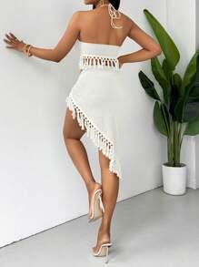 Breezaya Tassel Edge Texture Knit Fabric Halter Neck Sexy Vacation 2pcs Set - White - View 2