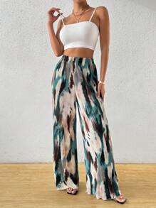 Chiquease Áo yếm dệt kim mùa hè + Quần ống rộng dệt họa tiết trừu tượng, 2 cái/bộ - Nhiều màu - Xem 1