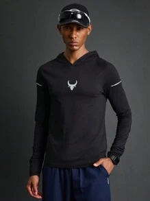 Manfinity Sport Corelite Moletom esportivo masculino estilo namorado slim fit com capuz refletivo estampado Moletom masculino estilo namorado - Preto - Ver 1