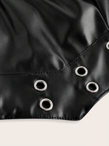 SHEIN ICON Y2K 时尚女装音乐节性感派对夜店装扮，皮革无肩带露脐上衣饰有镂空装饰，搭配低腰交叉系带镂空装饰短裤套装 - 黑色 - 查看 9