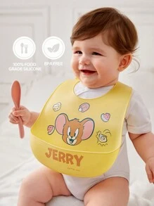 TOM & JERRY X SHEIN Cartoon Mouse Pattern Yellow Silicone Baby Bib, Waterproof And Oil-Proof For Feeding