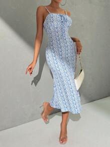 SHEIN Privé Vestido hawaiano para vacaciones de mujer con estampado, con corsé, tirantes fruncidos y corte ajustado al Body - Multicolor - Ver 5