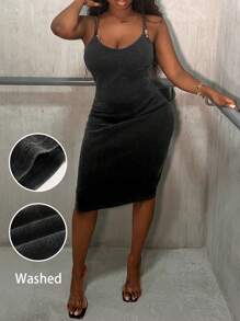 Slaydiva Casual Black Washed Rib-Knit  Middle Bodycon Cami Dress