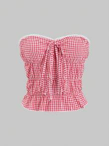 SHEIN Unity Women's Summer Plaid Front Tie Pleated Ruffle Hem Bandeau Top - Multicolor - View 1