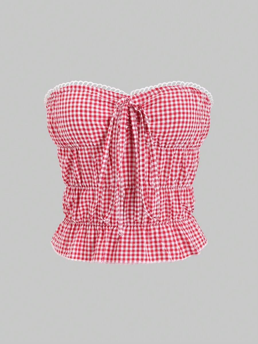 SHEIN Unity Women's Summer Plaid Front Tie Pleated Ruffle Hem Bandeau Top - Multicolor - View 1