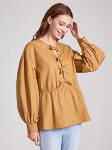 Oxana 设计师品牌女士商务休闲春夏纯色灯笼袖衬衫，带蝴蝶结装饰，适合假日、度假、海滩、节日、伊比沙岛风情、办公室 - 卡其色 - 查看 7