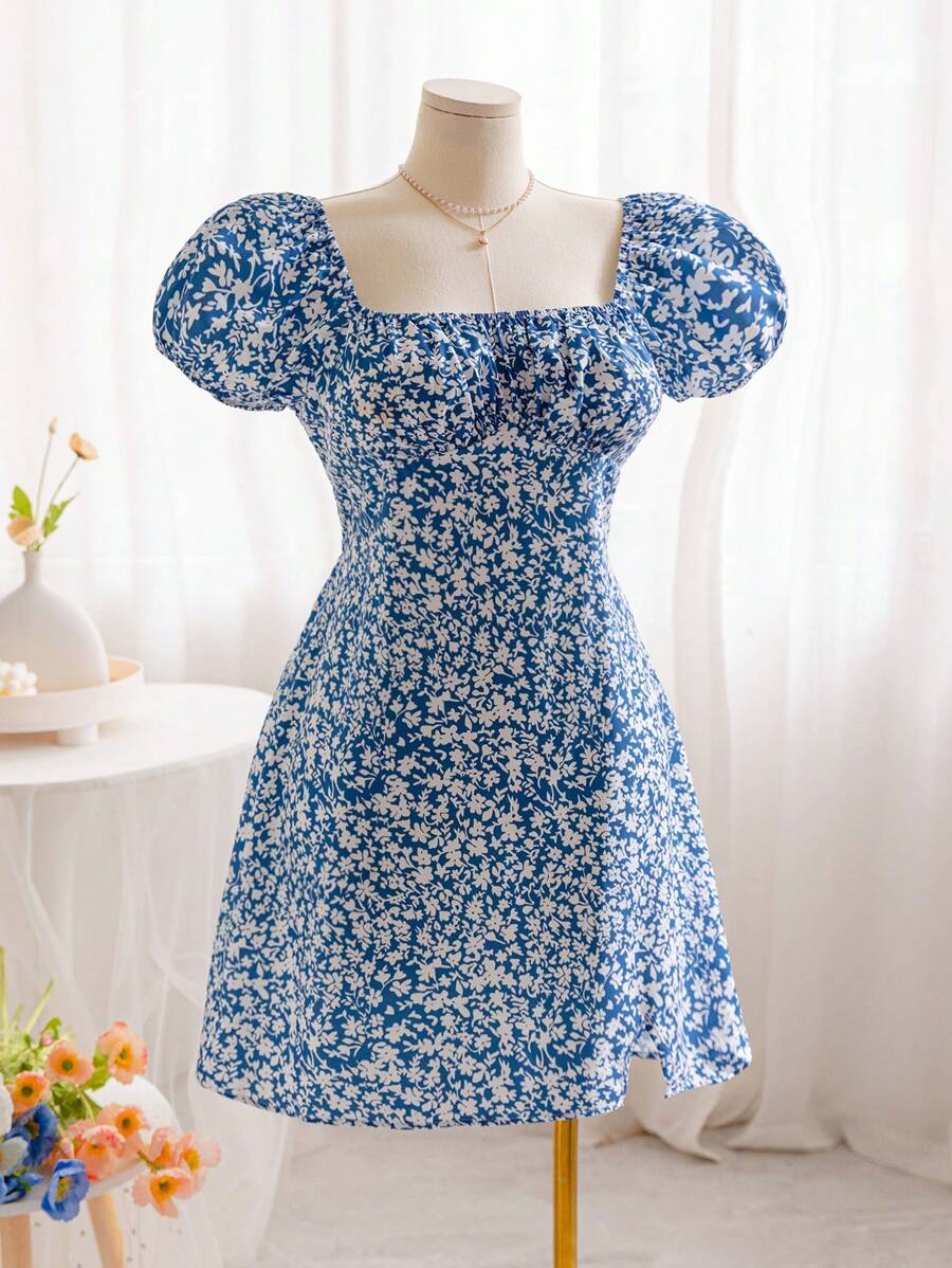 Soleia 藍白色大碼泡泡袖度假洋裝，U領設計 - 藍白色 - 查看 1