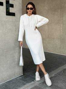 RueChic Women Hooded Long Sweater Dress - Beige - View 3