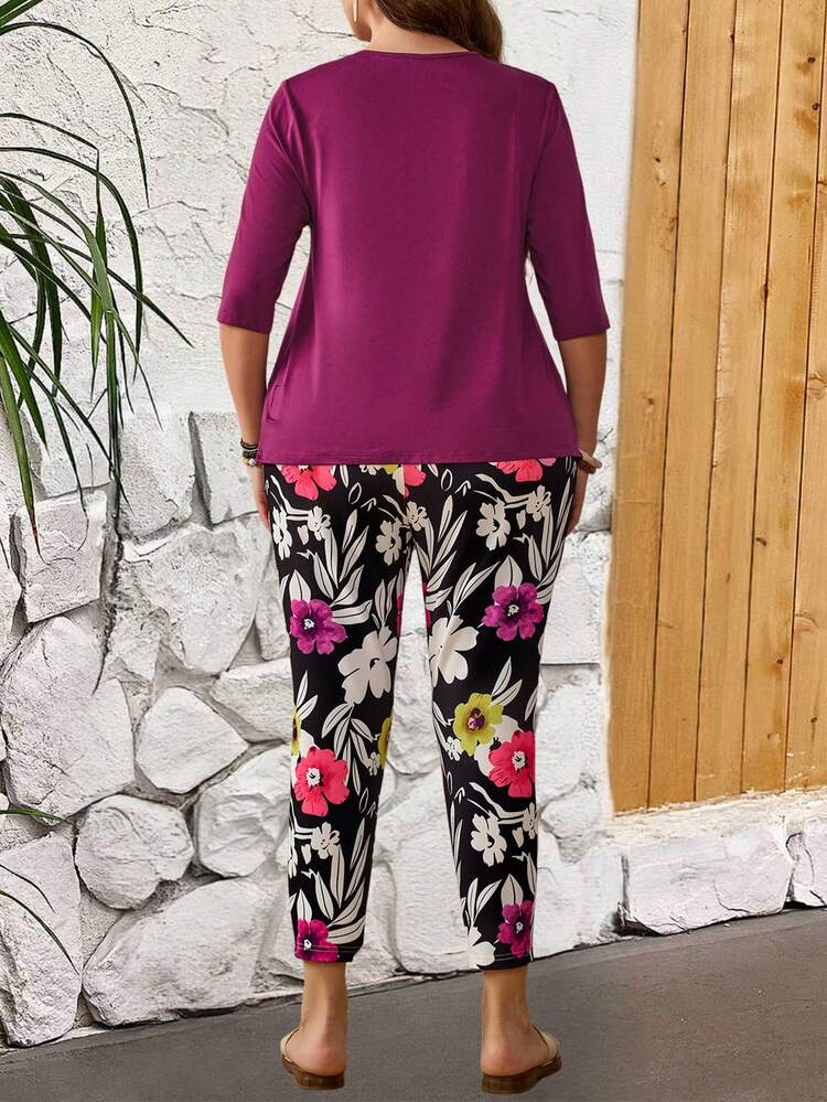 플러스 사이즈 여성용 티처 복장 캐주얼 여름 드레스 단색 브이넥 반팔 상의와 꽃 프린트 캐주얼 롱 팬츠 여름 휴일 두개의 세트