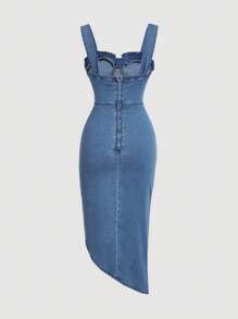 SHEIN MOD 女士夏季牛仔裙，收腰設計，寬肩帶，流蘇邊緣 - 淺色水洗藍 - 查看 2