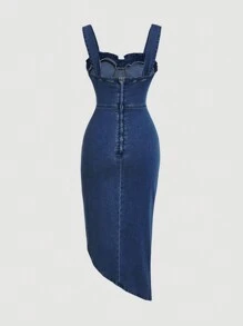 SHEIN MOD Women's Summer Denim Dress With Ruffled Edges, Cinched Waist And Wide Strap - Dark Wash - View 2