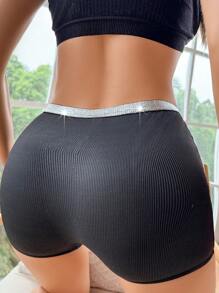 Women's Heart-Shaped Accessory Silver Ribbon Lace Joint Hollow Out Square Pants - Black - View 2