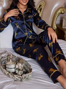 LuxeNights Leopard Print Contrast Piping Satin PJ Set / Pajama Set, Fall Clothes Cozy And Elegant Details, Winter - Navy Blue - View 5