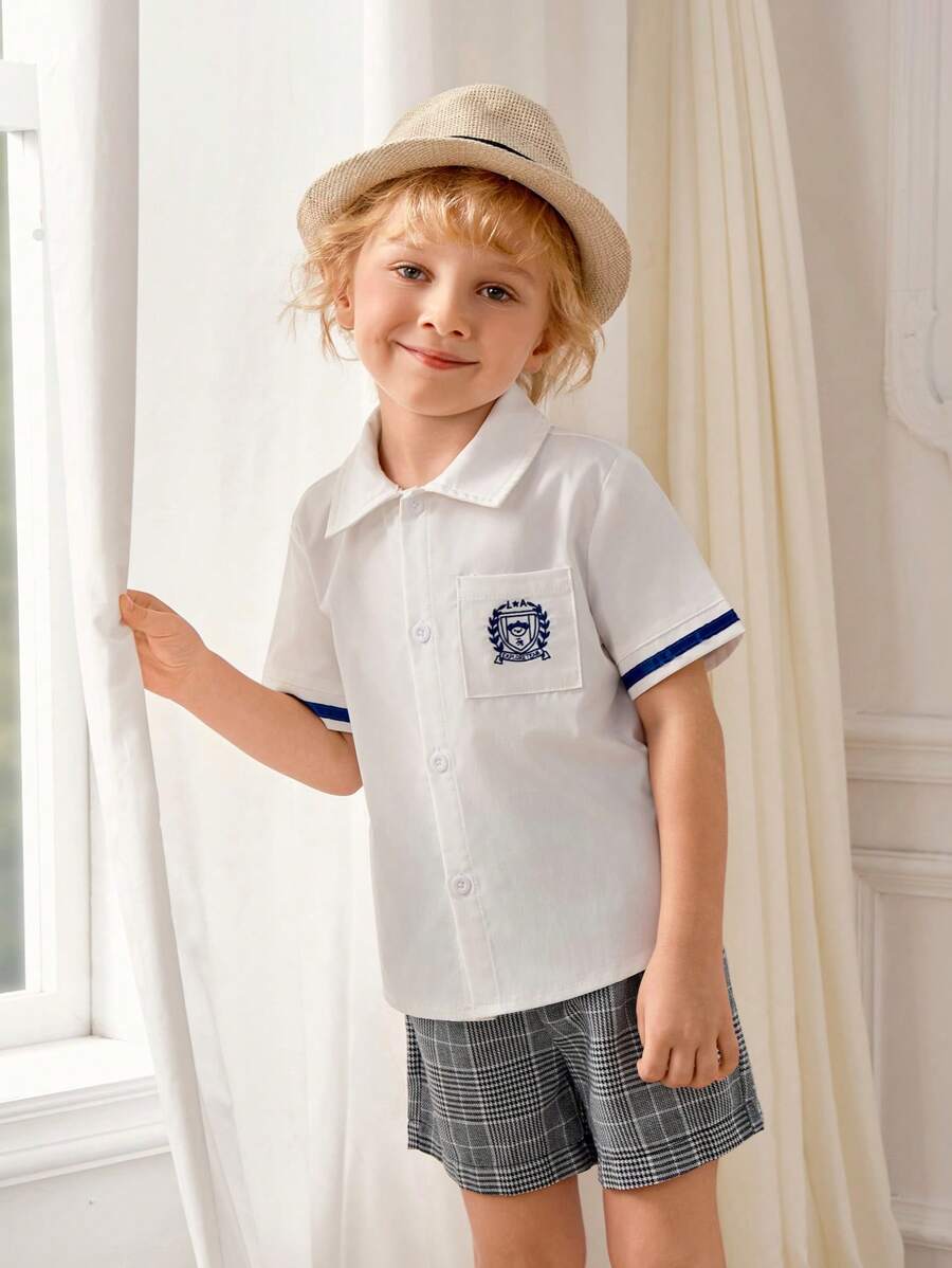 SHEIN 2pcs/Set Young Bov Gentlemen's Short Sleeve Shirt + Shorts Set, College Style Summer Outfit - Multicolor - View 1