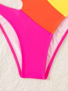 SHEIN Swim 女性夏季海灘對比色單肩空心性感比基尼套裝 - 彩色 - 查看 3