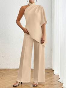 SHEIN Privé Áo Sơ Mi Xếp Ly Một Vai Đơn Giản & Thanh Lịch Màu Trơn & Quần Ống Rộng Lưng Cao - Màu be - Xem 1