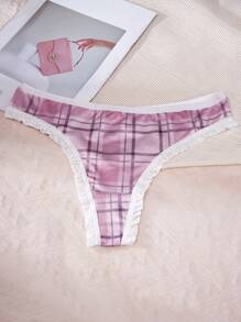 3pcs Women's Simple Plaid Pattern Lace Trimmed Thongs - Multicolor - View 3