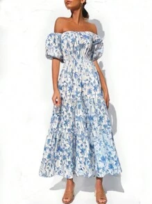 SHEIN Privé Ladies' Blue And White Floral Off Shoulder Puff Sleeve Long Summer Dress - Blue and White - View 6