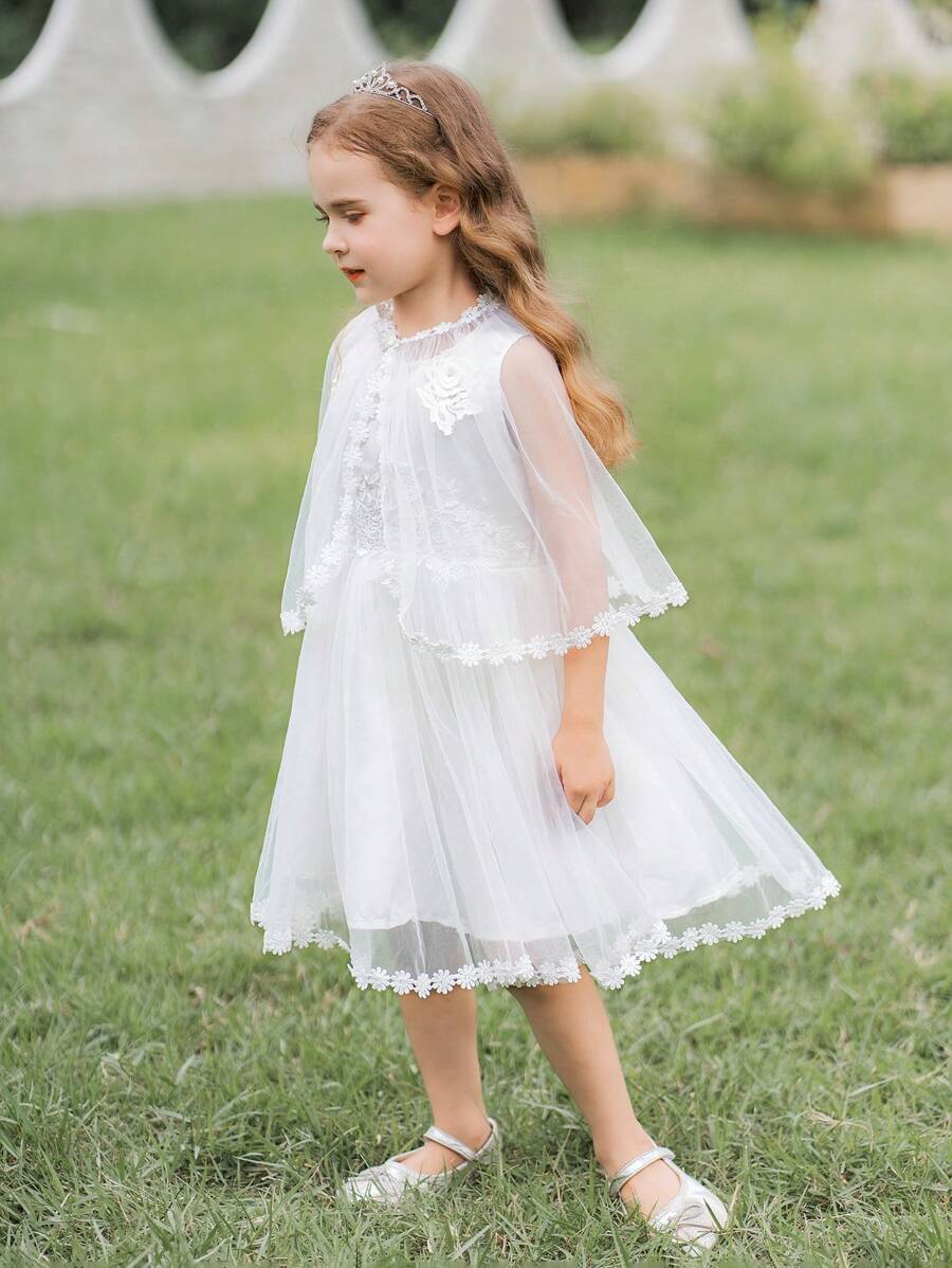 SHEIN Glamorique Kids Váy lưới trắng có khăn choàng hoa cho bé gái, 2 cái/bộ - trắng - Xem 1