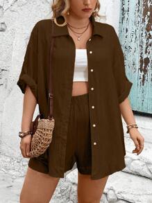 SHEIN Clasi Bộ áo sơ mi và quần short tay cuộn màu trơn thường ngày trong kỳ nghỉ Plus Size - màu nâu - Xem 2