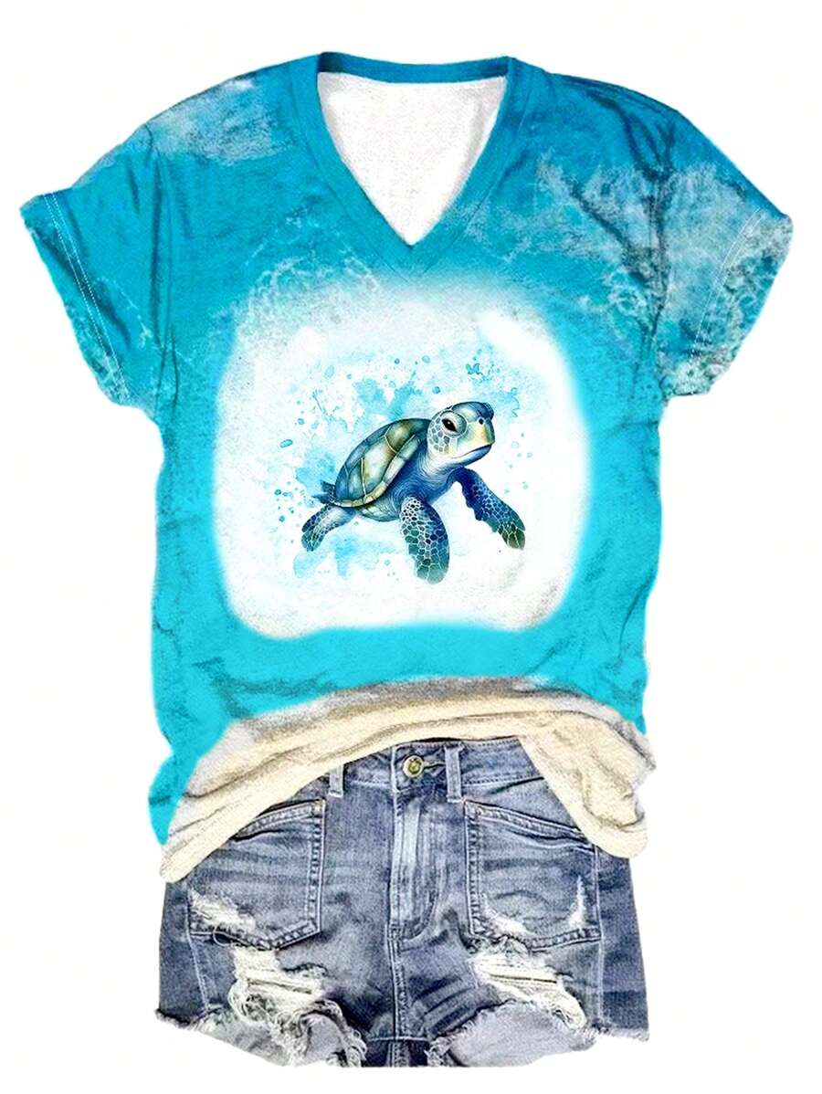 SHEIN LUNE 女士漸變龜紋v領t卹 - 彩色 - 查看 1