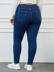 RueChic Plus Size Plain Skinny Jeans - Medium Wash - View 2