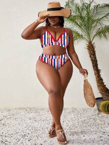 SHEIN Swim Curve 加大码夏季海滩条纹和星形美国国旗印花比基尼套装，7 月 4 日 - 彩色 - 查看 6