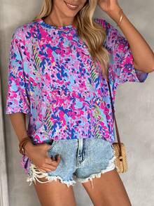 SHEIN LUNE Fashionable Camouflage Print Oversized Round Neck Drop Shoulder Women's Basic T-Shirt - Multicolor - View 4