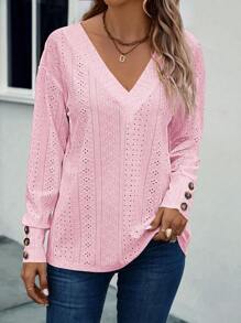 EMERY ROSE Eyelet Embroidery Drop Shoulder Tee Autumn Cloth For Women Golf Pastal Sexy - Pink - View 4