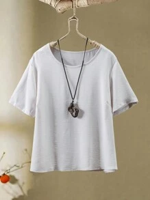 大码纯色短袖衬衫和长裤两件套，度假/休闲装 - 杏色 - 查看 5