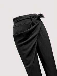 High Waist Wrap Hem Pants - Black - View 4