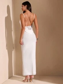 SHEIN BAE 白色畢業季夏季禮服＆蕾絲細肩帶無背心長裙，中空蕾絲邊緣設計，適用於性感女性