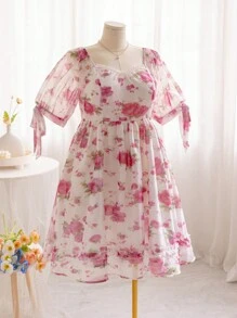 Soleia Vacation Romantic Pink Floral Puff Sleeve Plus Size Dress