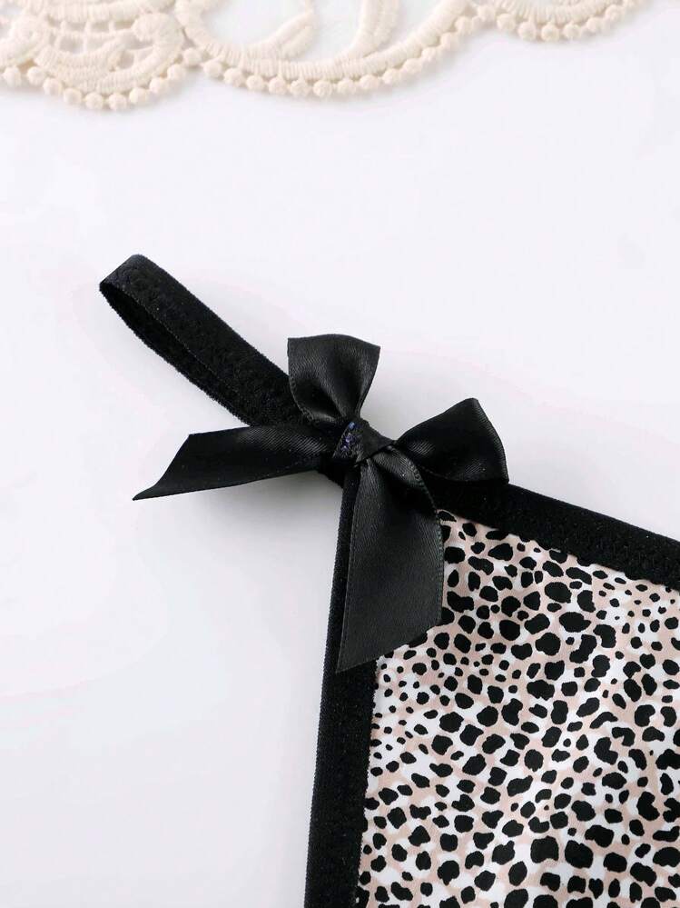 Sexy Leopard Printed Women  Underwear Set Including Heart-Shaped Rhinestone Decor Thong, Low-Rise Minimalist Sexy Bowknot Panties, And Seamless Panties (3pcs) - Multicolor - View 4