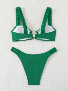 SHEIN Swim Ensemble de bikini unicolore pour femmes avec une connexion plissée en cercle pour la plage d'été