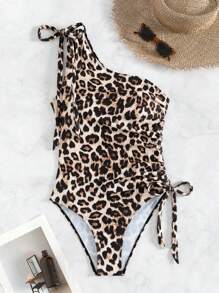 SHEIN Swim Traje de baño de uso diario con hombros oblicuos y estampado de leopardo para mujer