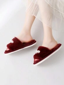 Fall/Winter Women's Plush Indoor Pearl Furry Slippers, Home Slippers For Ladies,Christmas,Fluffy Slippers - Burgundy - View 3