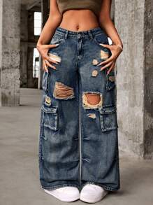 SHEIN PETITE Quần jean denim ống rộng dáng rộng cho nữ có nhiều túi tiện ích - Màu xanh lam - Xem 3