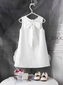 SHEIN Glamorique Kids 1 件年轻女孩花卉蝴蝶结无袖缎面婚礼花童礼服，优雅且适合婚礼、派对、夏季表演，具有大花卉和蝴蝶结细节 - 白色 - 查看 2