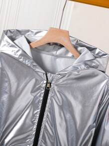 少女銀色簡約日常連帽長袖夾克 - 銀色 - 查看 5